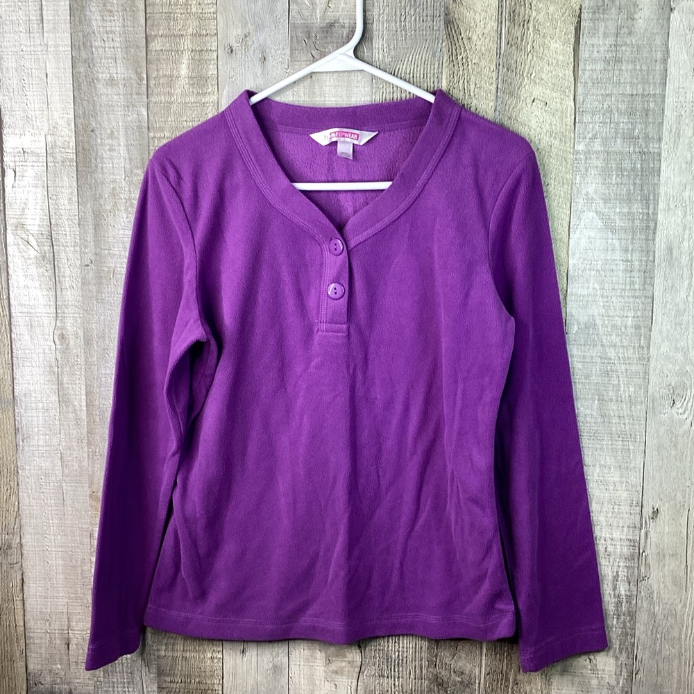 B Sleepwear Purple Size Small Long Sleeve 2 Button B-Neck Fleece Sleep Top